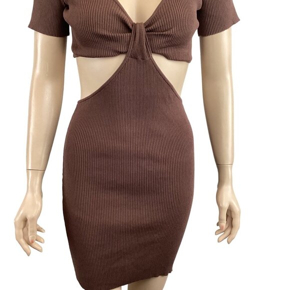 Olivaceous Sexy‎ Cut-Out Ribbed Knit Bodycon Dress Medium Mini Brown - Picture 7 of 8